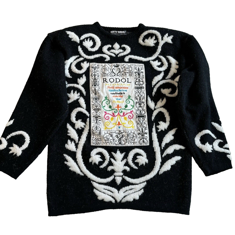 Vintage Kitty Hawk Sweater Scroll Design Rodol Embroidered Emblem Fit S